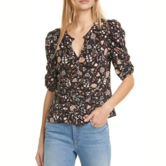 Frame Kate Ruched Puff Sleeve Floral Silk Top XS - Picture 2 of 9
